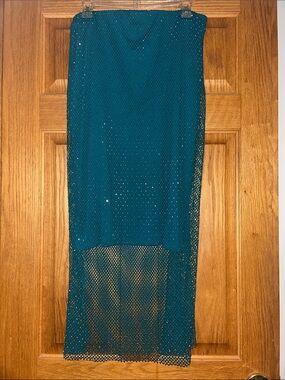 Sincerely Jules Midi Gem Sparkly Fishnet Overlay Skirt in Teal | Size Large